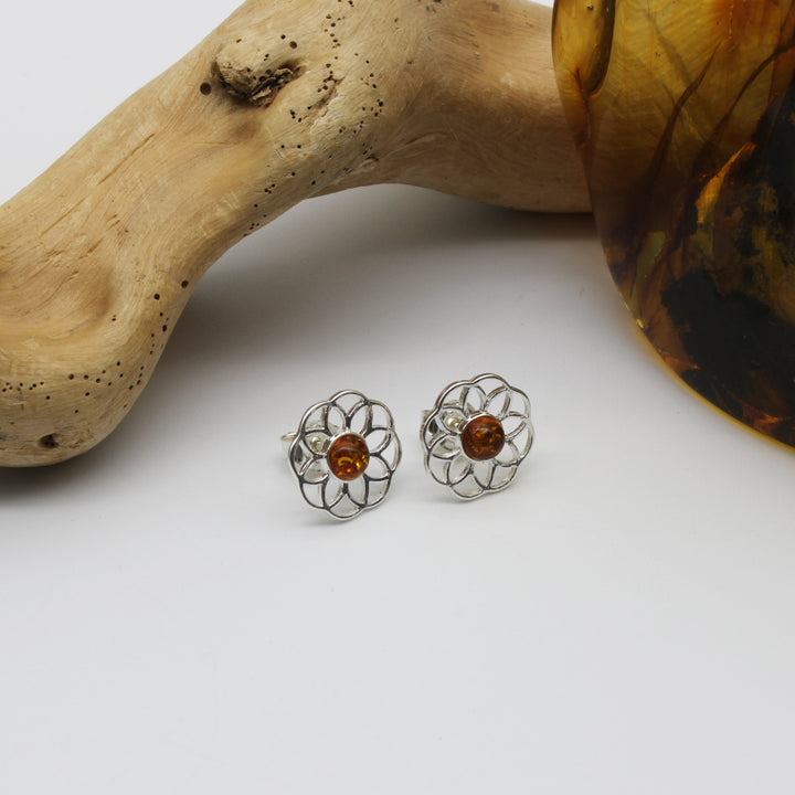 Cognac Amber Flower Earrings