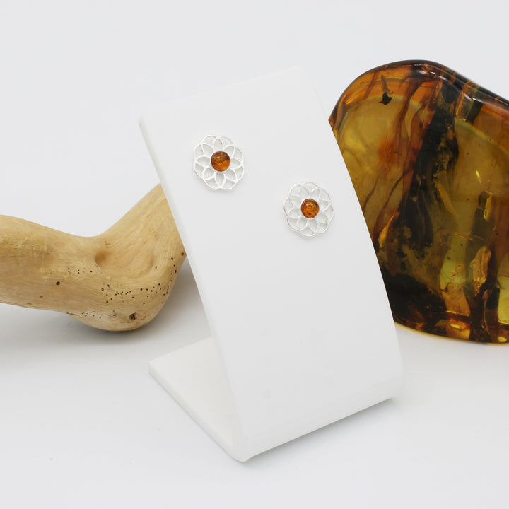 Cognac Amber Flower Earrings