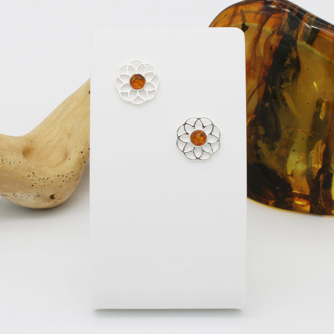 Cognac Amber Flower Earrings