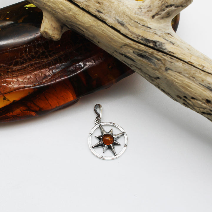 Cognac Amber Compass Pendant