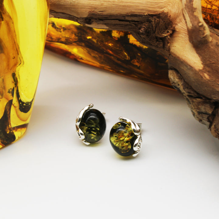 Green Amber Stud Earrings