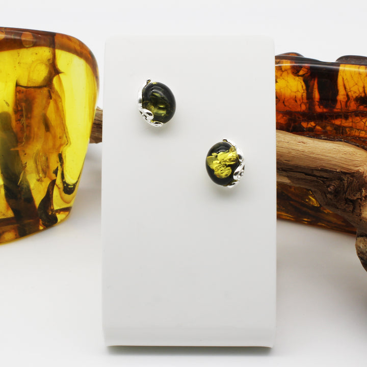 Green Amber Stud Earrings