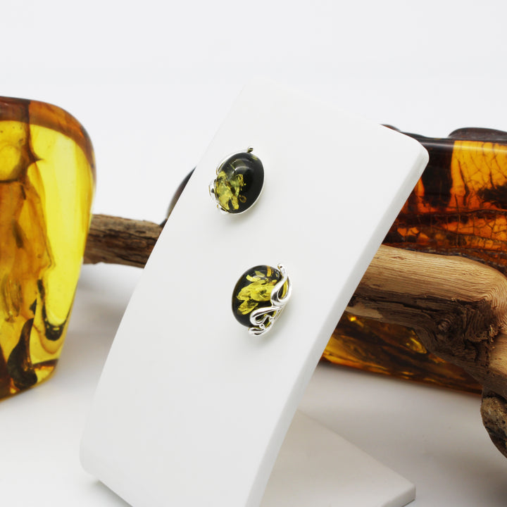 Green Amber Stud Earrings