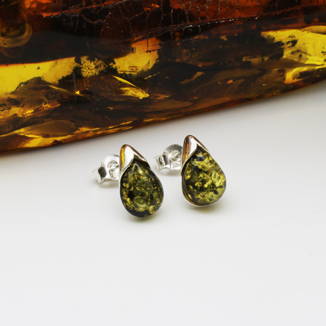 Green Amber Stud Earrings