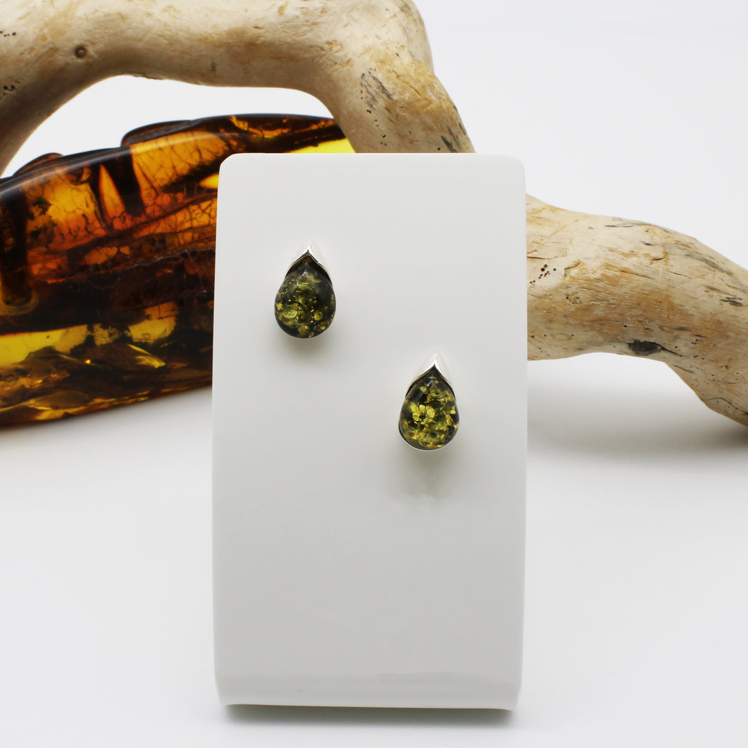 Green Amber Stud Earrings