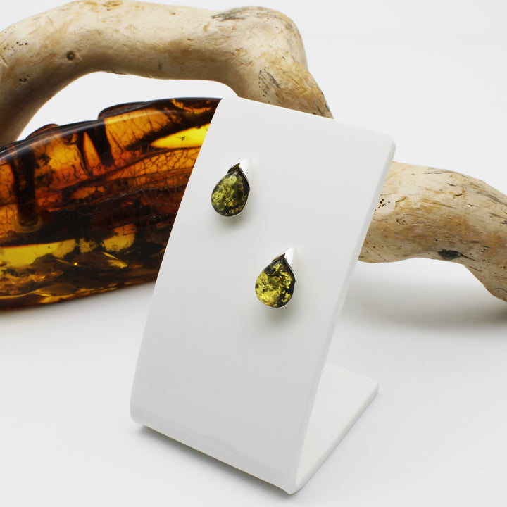 Green Amber Stud Earrings