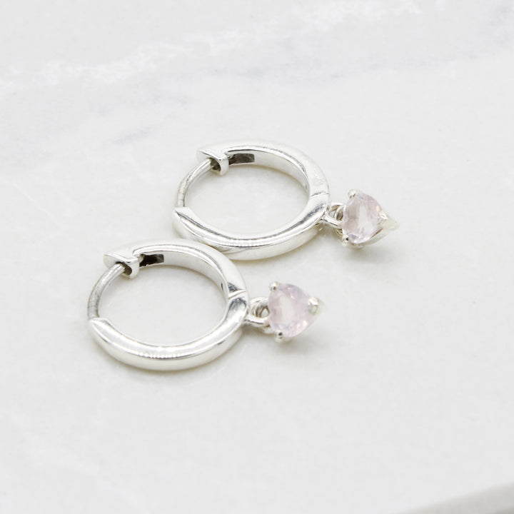 Rose Quartz Heart Charm Hoops