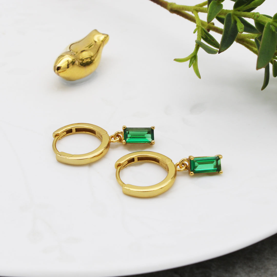 Green CZ Charm Gold Vermeil Hoop Earrings