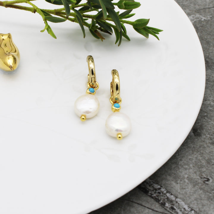 Pearl and Turquoise Charm Gold Vermeil Hoop Earrings