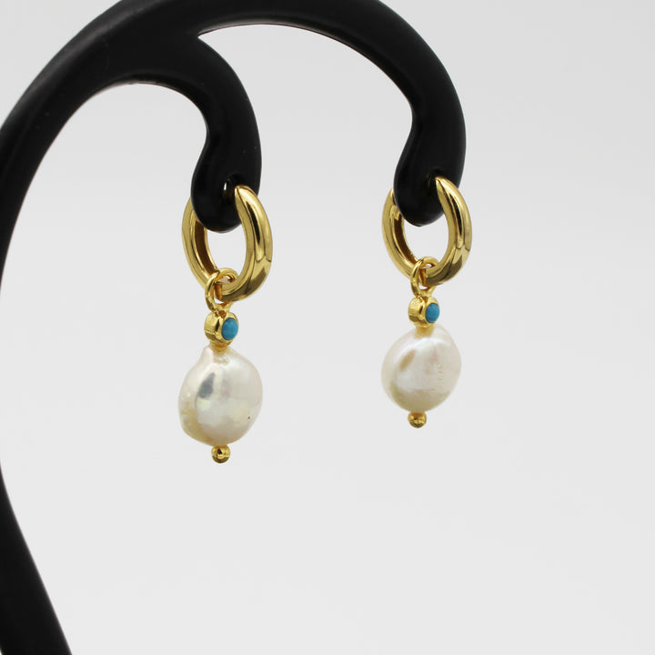 Pearl and Turquoise Charm Gold Vermeil Hoop Earrings