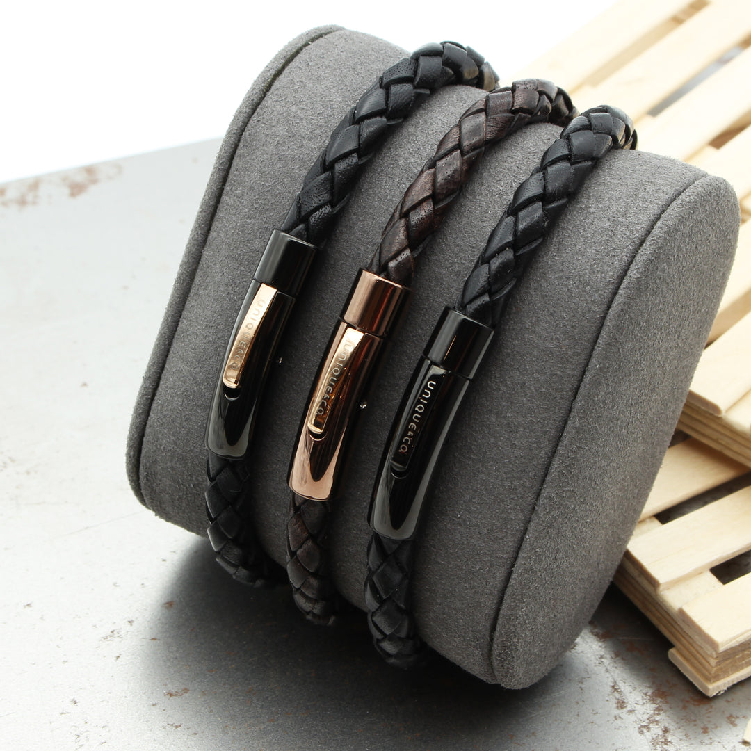 Black Leather Black & Rose Stainless Steel Bracelet