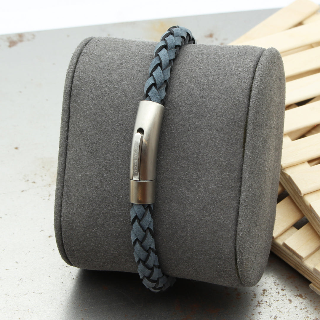 Antique Blue Leather Stainless Steel Bracelet