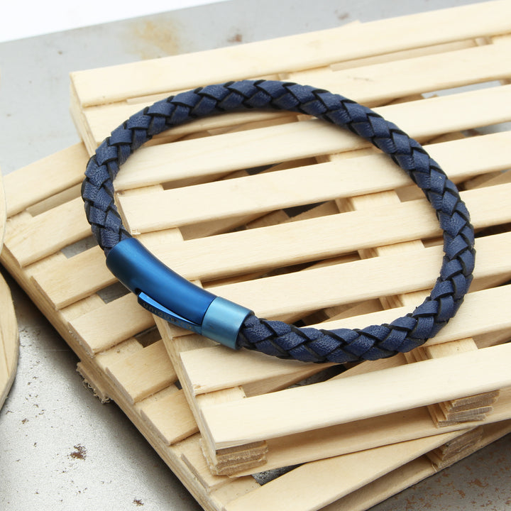 Blue Leather Stainless Steel Bracelet