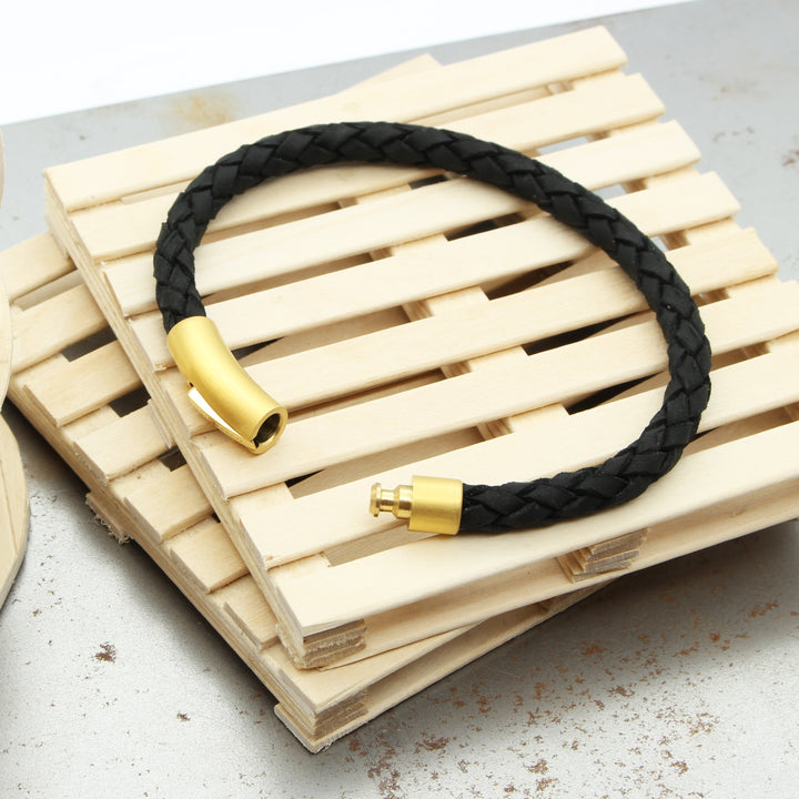 Black Leather Gold Stainless Steel Bracelet