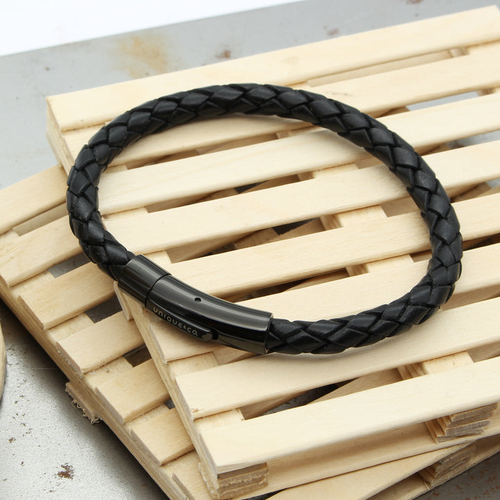 Black Leather Black Stainless Steel Bracelet