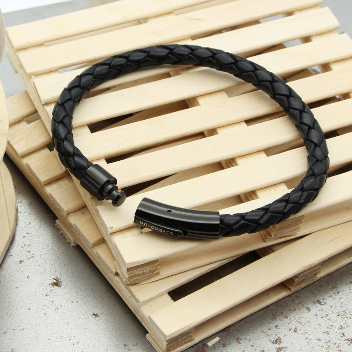 Black Leather Black Stainless Steel Bracelet