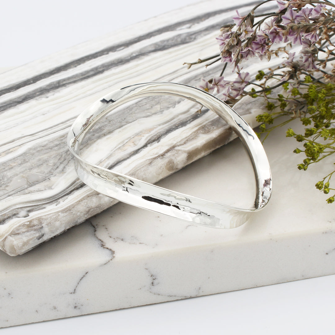 Hammered Silver Curved Bangle