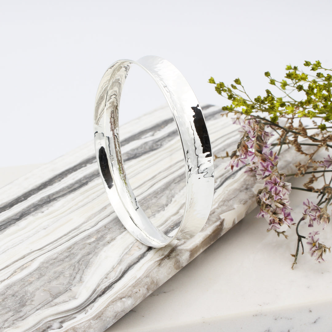 Hammered Silver Concave Bangle